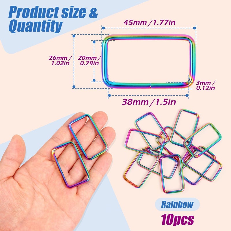 PECMER Rainbow 1.5 Inch Rectangle Rings-10 PCS Adjustable Waist Buckles Replacement Purse Hardware for for Purses and Bags Making Webbing 1 1/2 Inch - Image 2